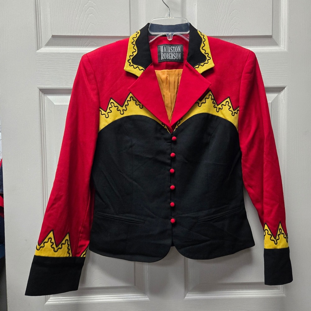 Hairston Roberson Womens Western Blazer Red Black Yellow Soutache Embroidered